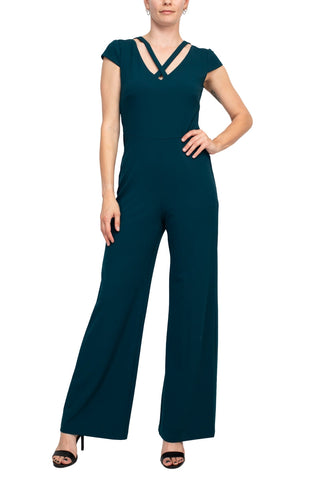Connected Apparel Banded V-Neck Short Zipper Closure Solid Crepe Jumpsuit - By Baano