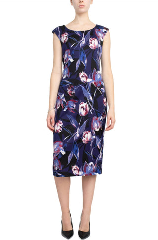 Connected Apparel Scoop Neck Cap Sleeve Zipper Back Floral Print Scuba Dress - Glamourous Grace