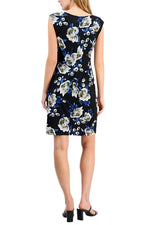 Connected Apparel Floral Print Scoop Neckline Cap Sleeve Side Gathered Sheath Dress
