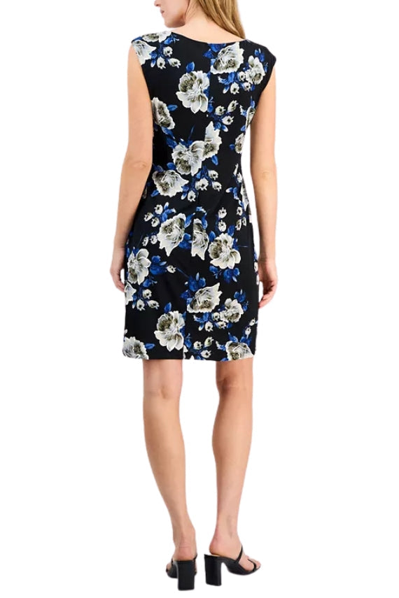 Connected Apparel Floral Print Scoop Neckline Cap Sleeve Side Gathered Sheath Dress