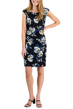 Connected Apparel Floral Print Scoop Neckline Cap Sleeve Side Gathered Sheath Dress