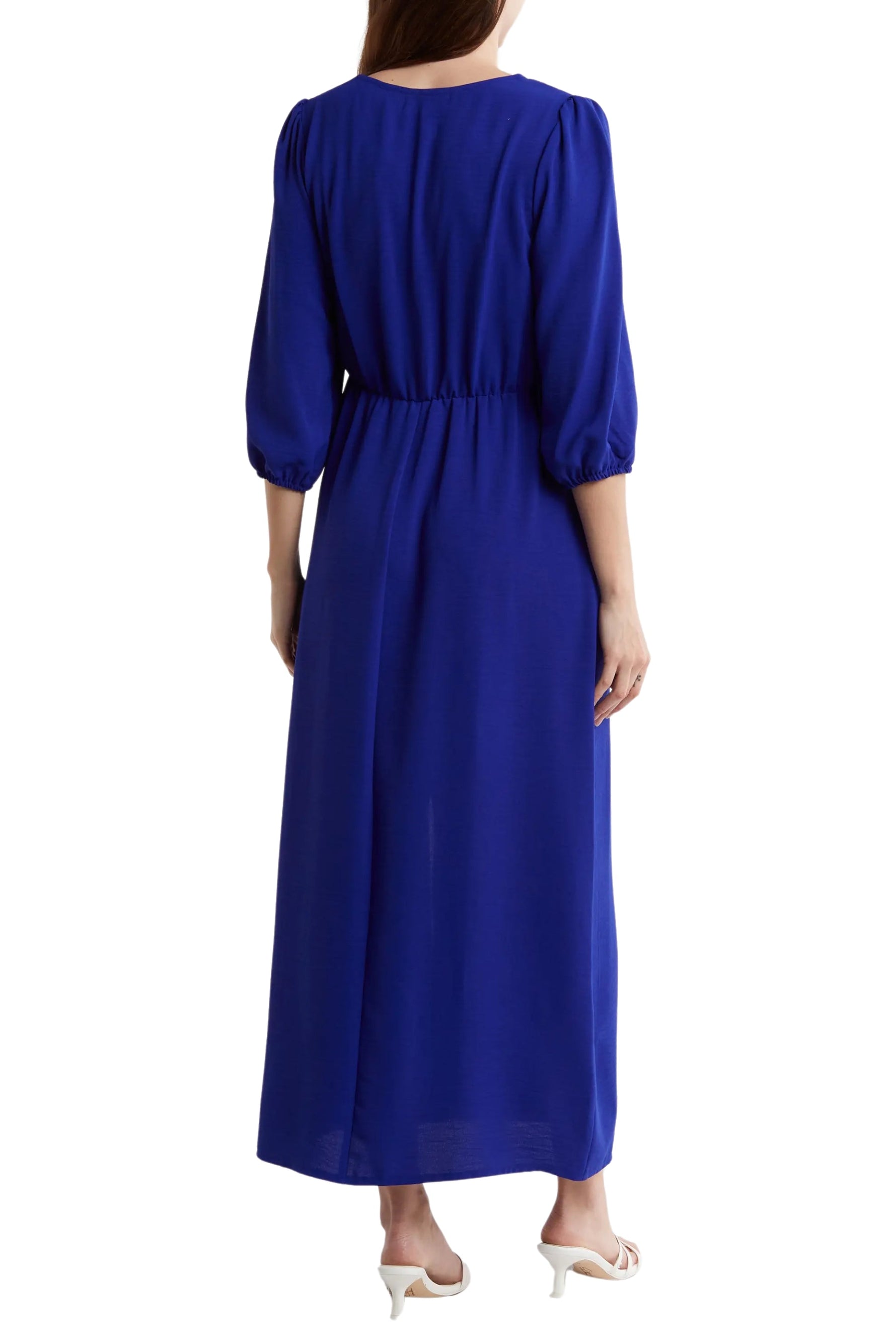 Connected Apparel Deep V-Neckline 3/4 Sleeves Waist Tie Maxi Dress