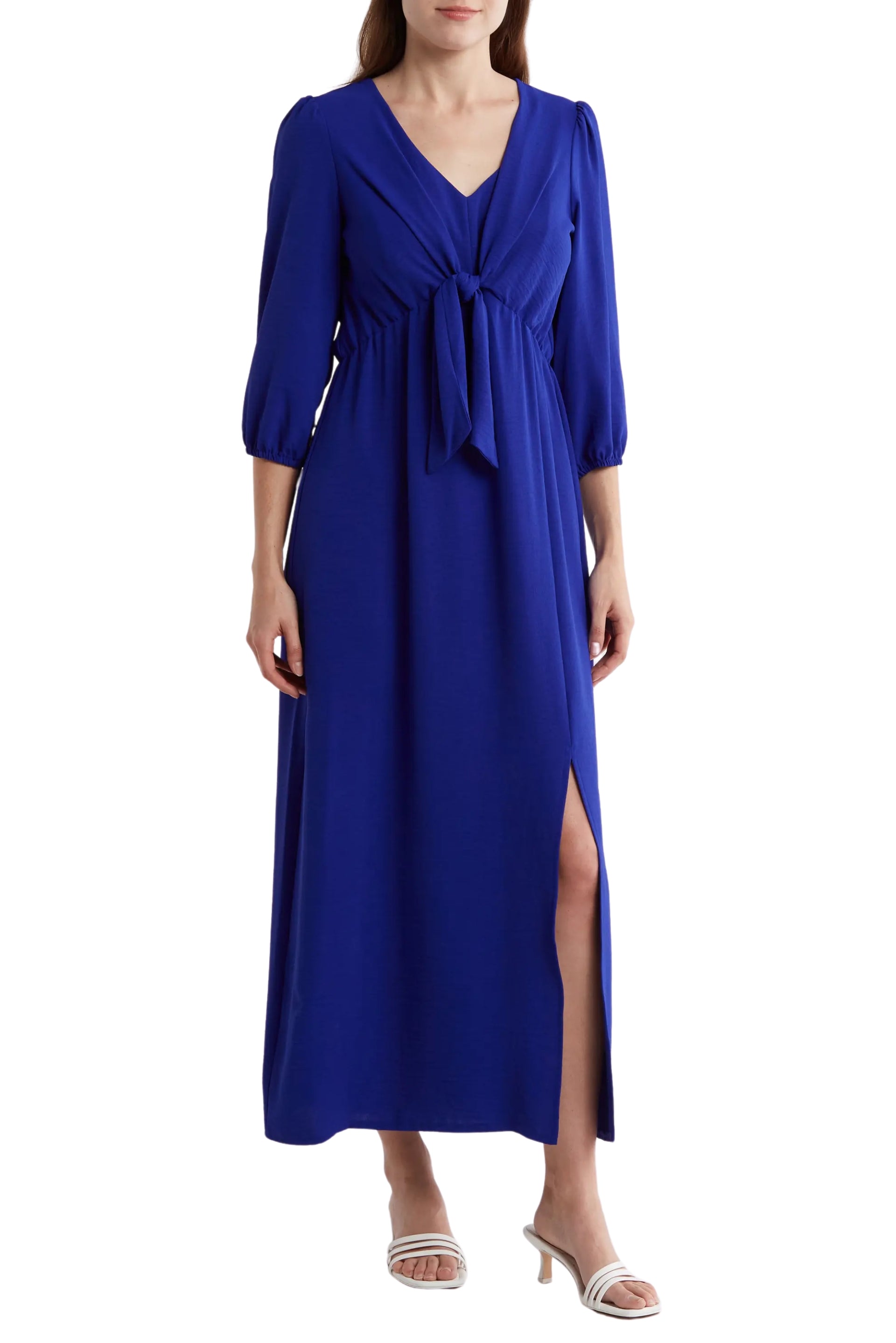 Connected Apparel Deep V-Neckline 3/4 Sleeves Waist Tie Maxi Dress