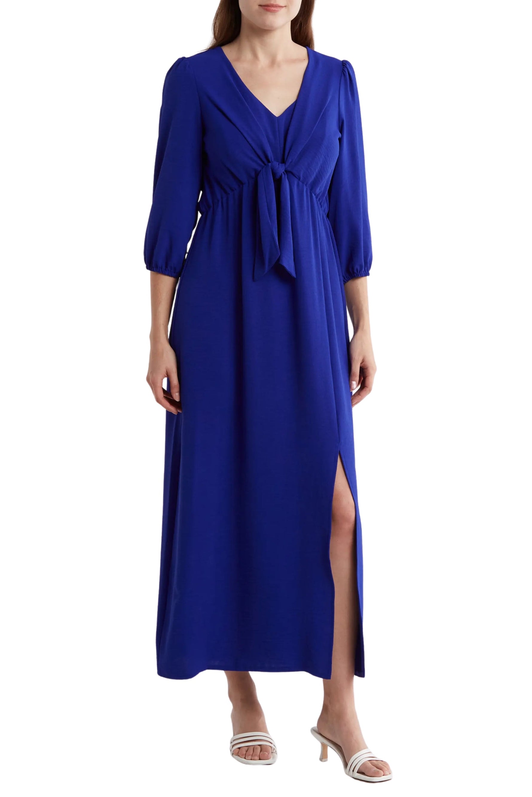 Connected Apparel Deep V-Neckline 3/4 Sleeves Waist Tie Maxi Dress