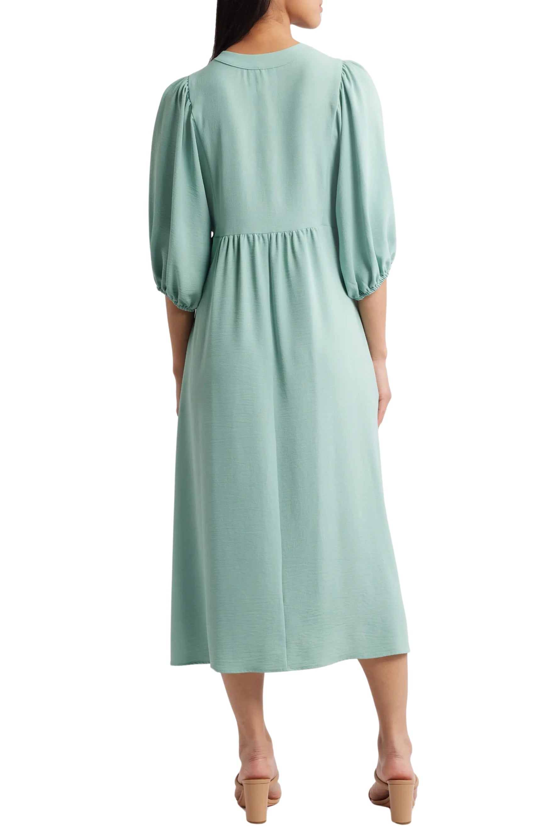 Connected Apparel Round Deep V-Neck 3/4 Puff Sleeves Maxi Dress