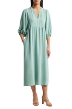 Connected Apparel Round Deep V-Neck 3/4 Puff Sleeves Maxi Dress