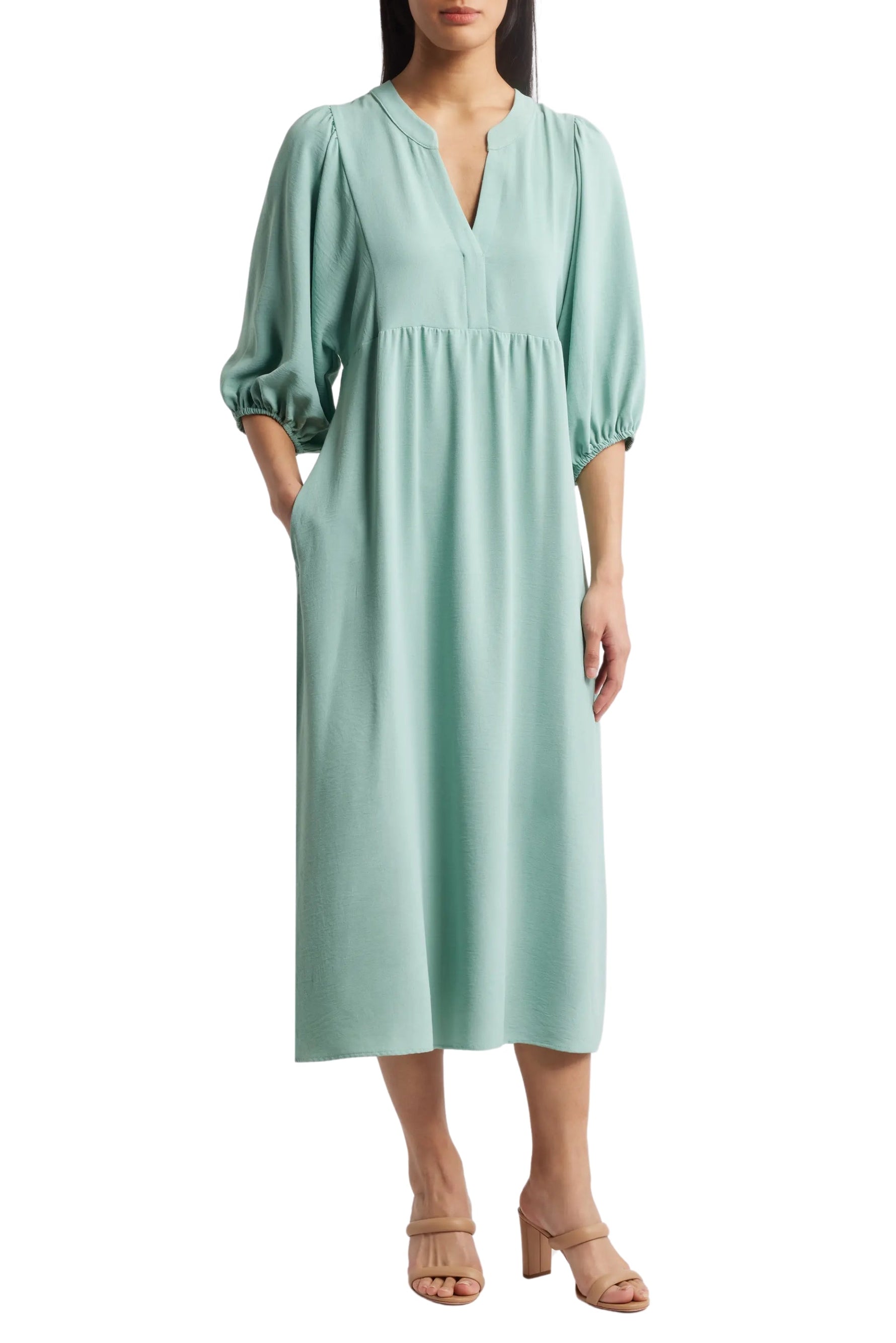 Connected Apparel Round Deep V-Neck 3/4 Puff Sleeves Maxi Dress