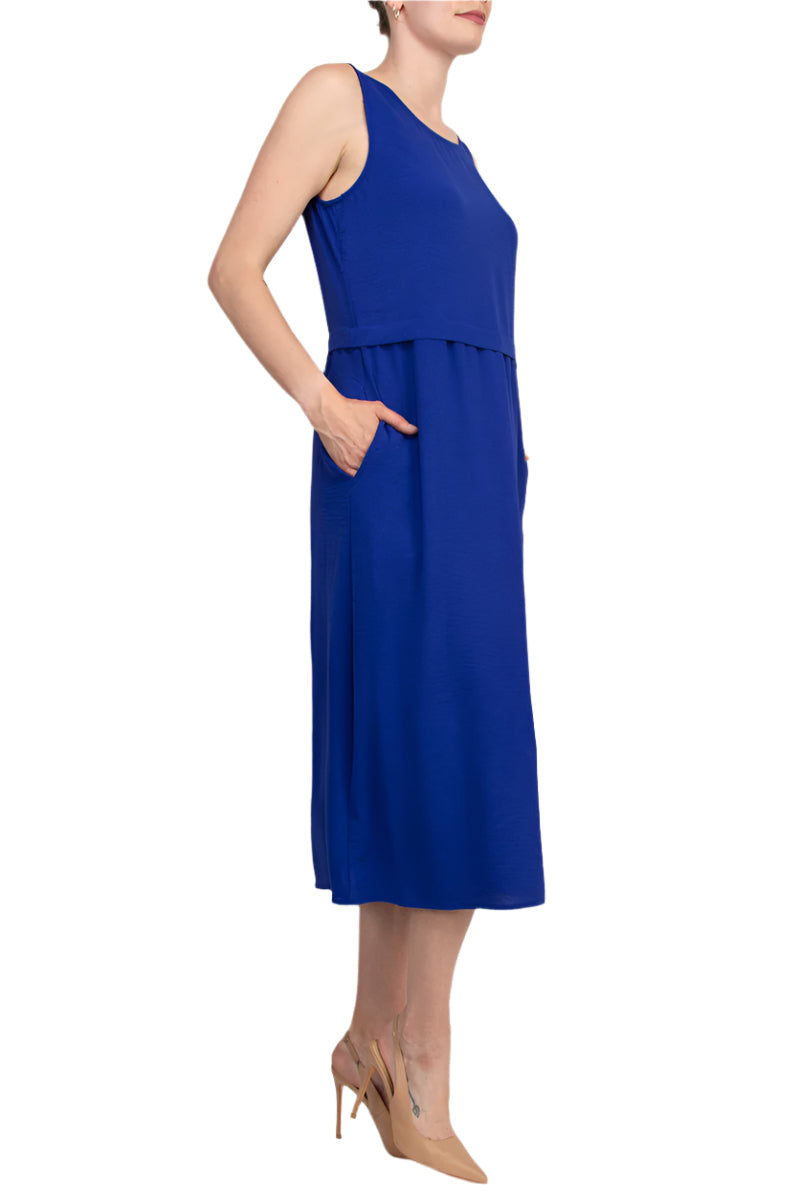 Connected Apparel Natural Seam Waistline Side Pocket Round Neckline Midi Dress
