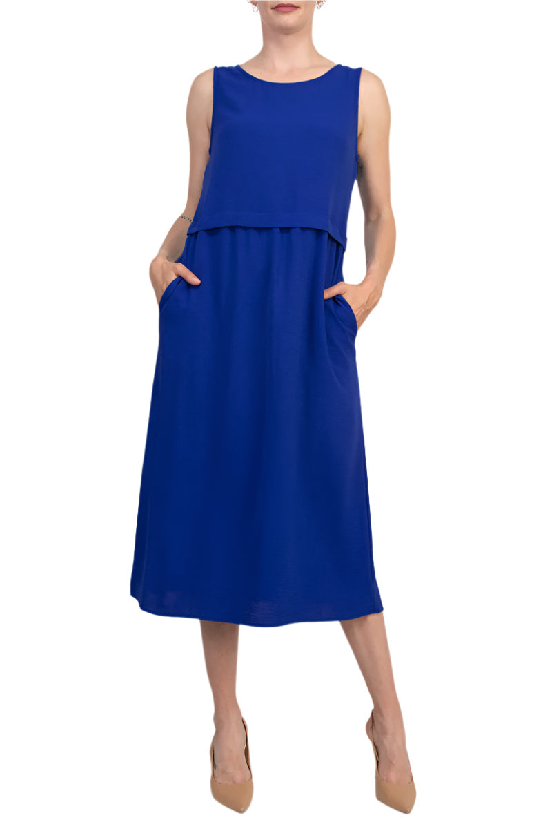 Connected Apparel Natural Seam Waistline Side Pocket Round Neckline Midi Dress