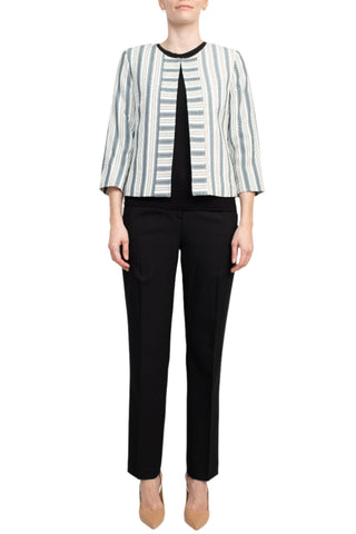 Tahari ASL Crew Neck 3/4 Sleeve Hook & Eye Stripe Print Twill Jacket - By Baano