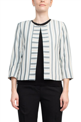 Tahari ASL Crew Neck 3/4 Sleeve Hook & Eye Stripe Print Twill Jacket - By Baano