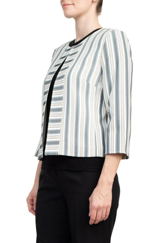 Tahari ASL Crew Neck 3/4 Sleeve Hook & Eye Stripe Print Twill Jacket - By Baano