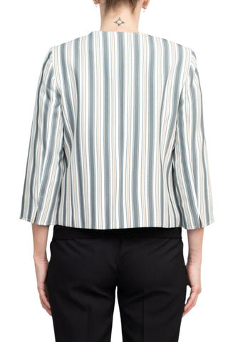 Tahari ASL Crew Neck 3/4 Sleeve Hook & Eye Stripe Print Twill Jacket - By Baano