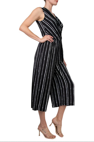 Connected Apparel Surplice Neck Sleeveless Faux Tie Side Jersey Jumpsuit - By Baano
