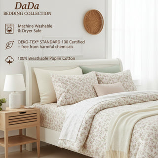 DaDa Bedding Collection Romantic Coquette Sheet Set - 100% Cotton [ Poplin Cotton ] Floral Fitted & Flat Sheets with Pillowcases - Deep Pocket Design - Soft, Breathable, Wrinkle-Resistant