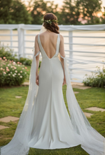 V-neck Low back wide straps Mermaid Satin wedding dress with beaded soft tulle ribbon