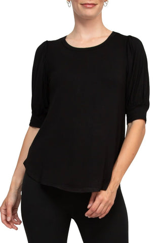 Joan Vass NY Scoop Neck Short Shirred Sleeve Solid Shirttail Hem - Glamourous Grace