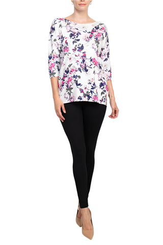 Joan Vass NY Boat Neck 3/4 Sleeve Printed Jersey Top with Back Seam Detail - By Baano