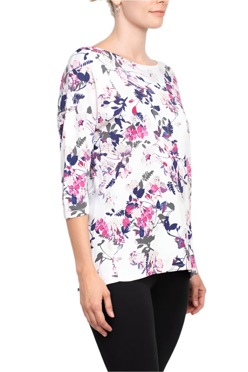 Joan Vass NY Boat Neck 3/4 Sleeve Printed Jersey Top with Back Seam Detail - Glamourous Grace