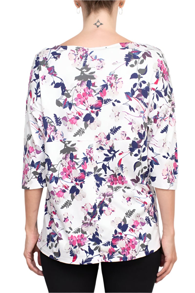 Joan Vass NY Boat Neck 3/4 Sleeve Printed Jersey Top with Back Seam Detail - Glamourous Grace