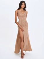 Viveca Apricot Crystal-Embellished Asymmetrical Ruched Maxi Dress