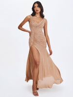 Viveca Apricot Crystal-Embellished Asymmetrical Ruched Maxi Dress