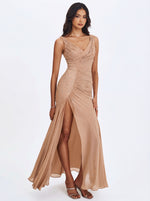 Viveca Apricot Crystal-Embellished Asymmetrical Ruched Maxi Dress