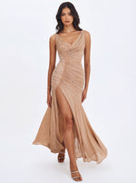 Viveca Apricot Crystal-Embellished Asymmetrical Ruched Maxi Dress