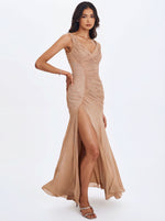 Viveca Apricot Crystal-Embellished Asymmetrical Ruched Maxi Dress