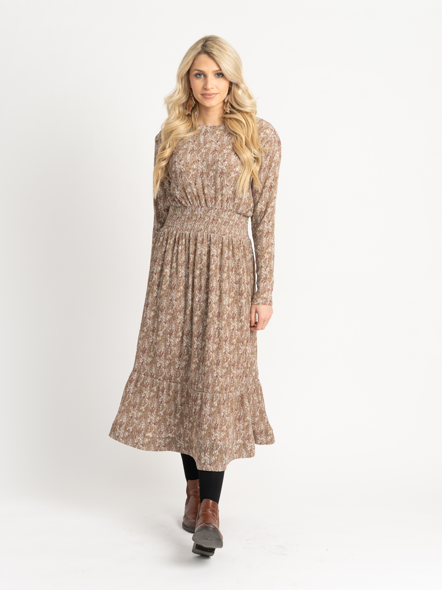 Pleated Chiffon Floral Midi Dress