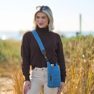 Denim HydroBag® with Antique Brass and Denim overlaid Vegan Leather Strap