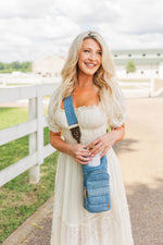 Light Denim HydroBag® with Gold Hardware and Denim overlaid Vegan Leather Strap