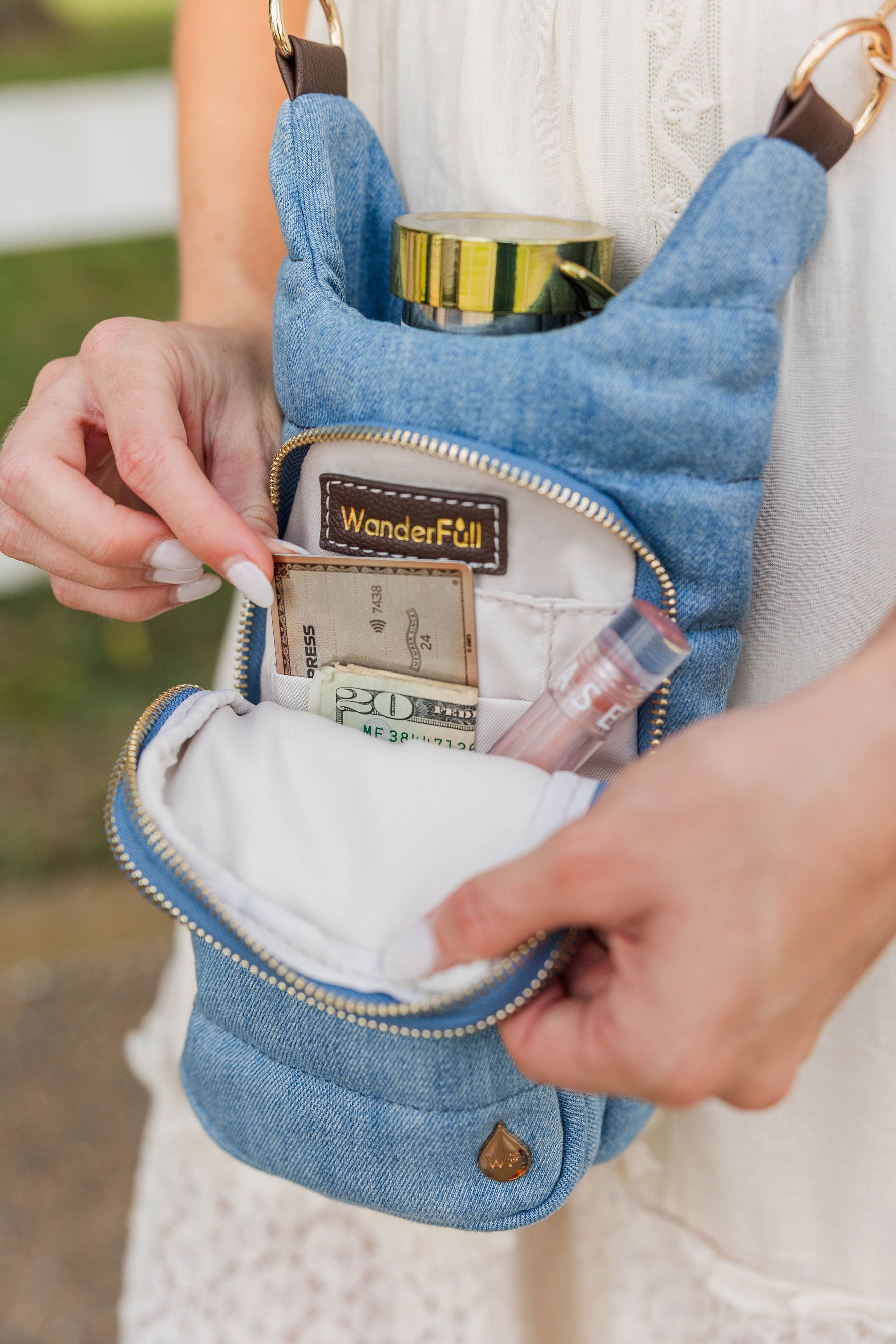 Light Denim HydroBag® with Gold Hardware and Denim overlaid Vegan Leather Strap