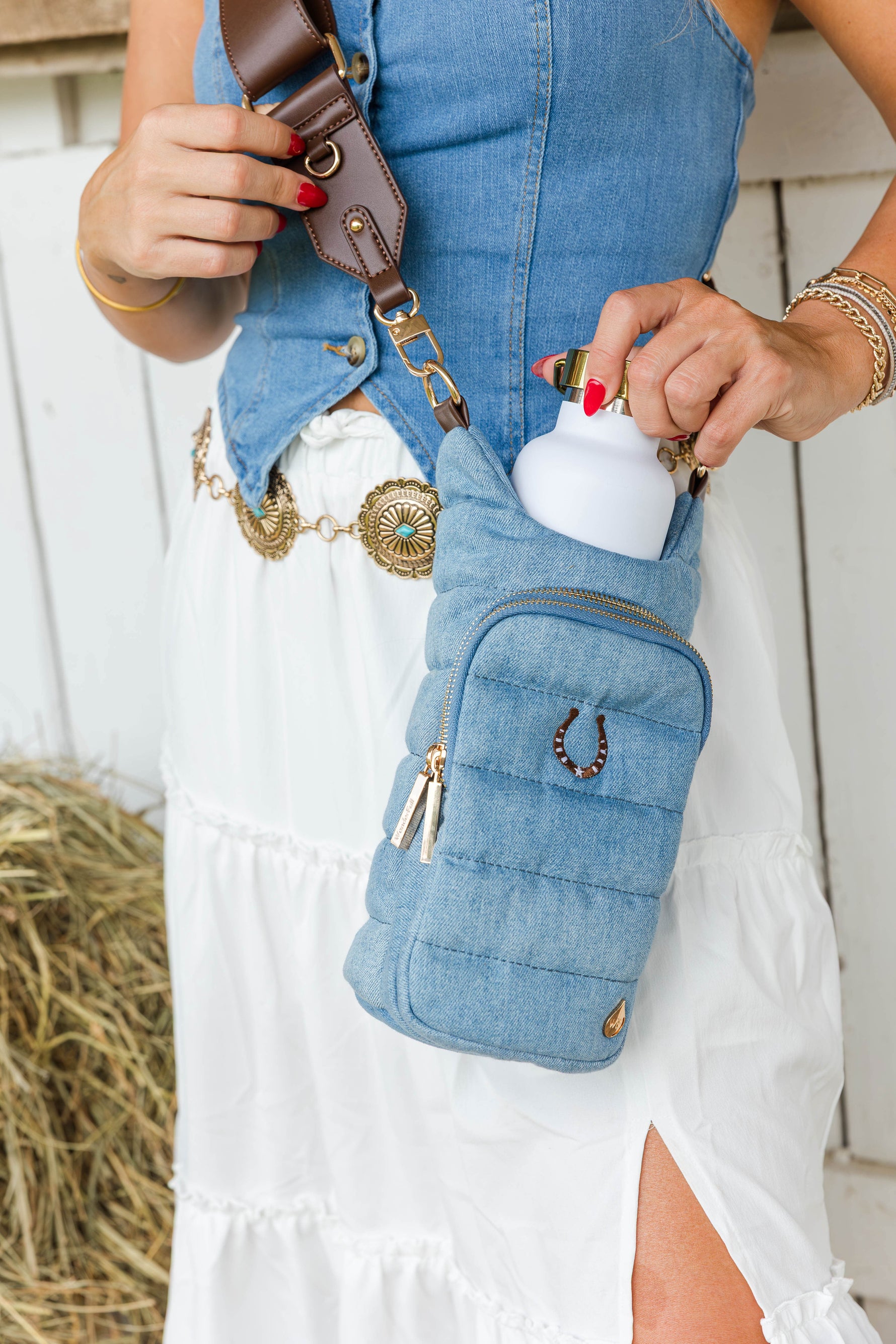 Denim HydroBag® with Horseshoe Embroidery and Denim overlaid Vegan Leather Strap and Gold hardware