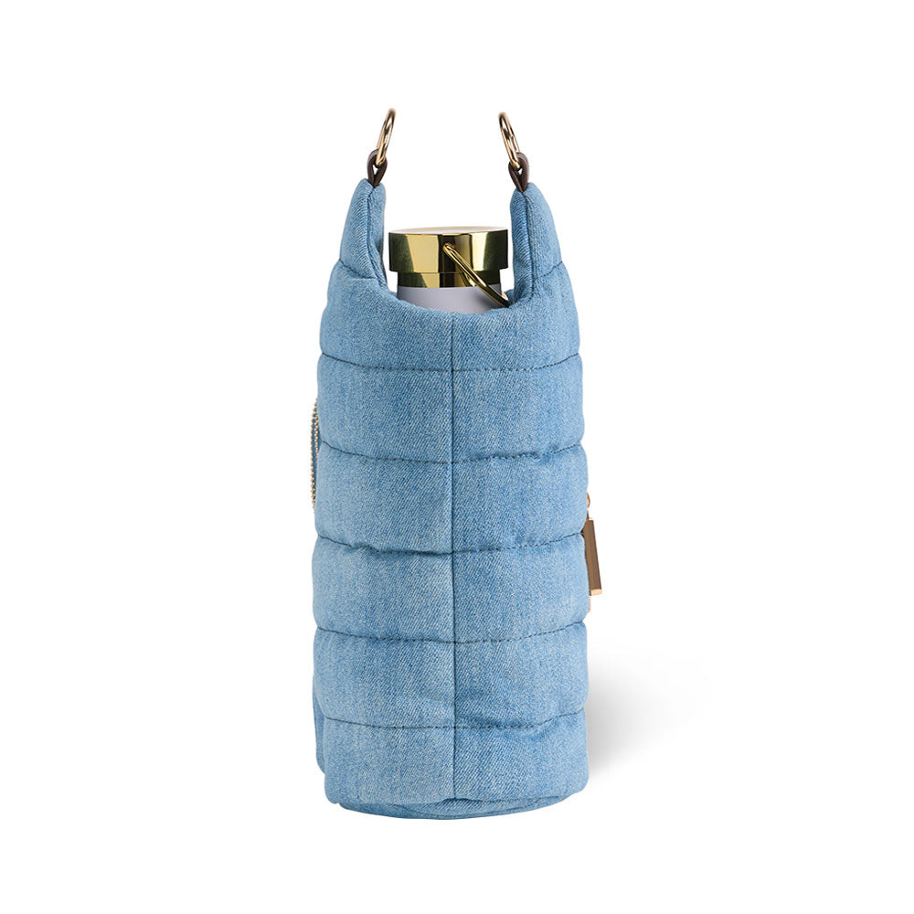 Denim HydroBag® with Horseshoe Embroidery and Denim overlaid Vegan Leather Strap and Gold hardware