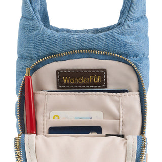 Denim HydroBag® with Horseshoe Embroidery and Denim overlaid Vegan Leather Strap and Gold hardware