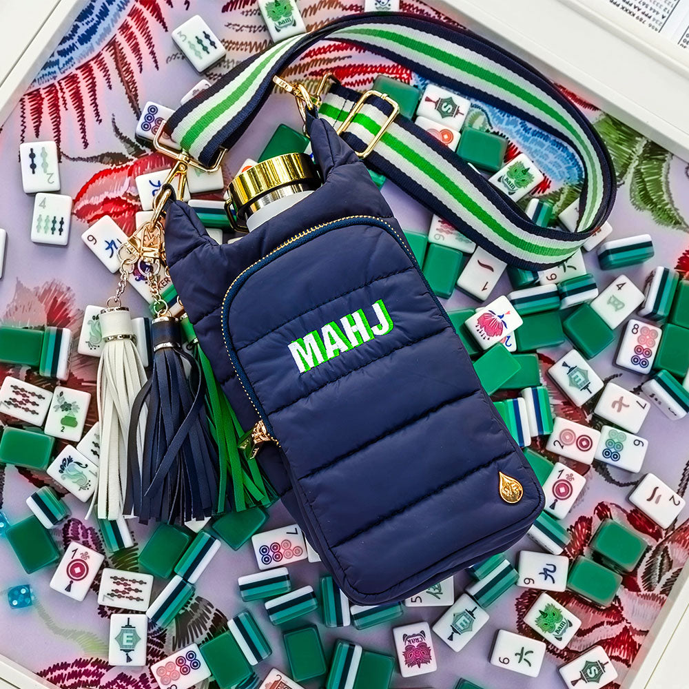 Navy HydroBag with Mahjong Embroidery and Navy, Green, White Strap
