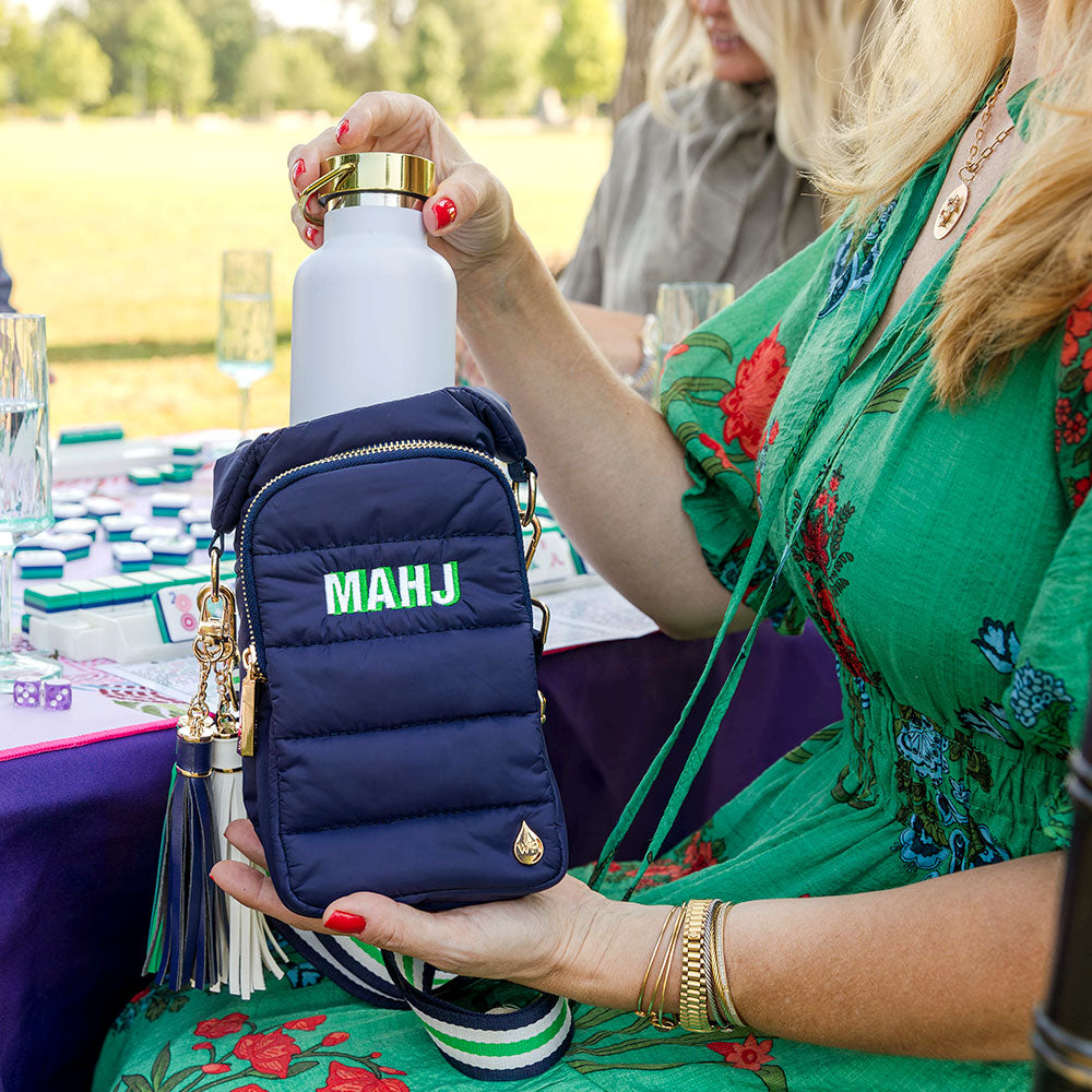 Navy HydroBag with Mahjong Embroidery and Navy, Green, White Strap