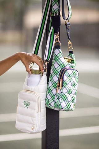 White HydroBag with Tennis Embroidery and Navy, Green, White Strap