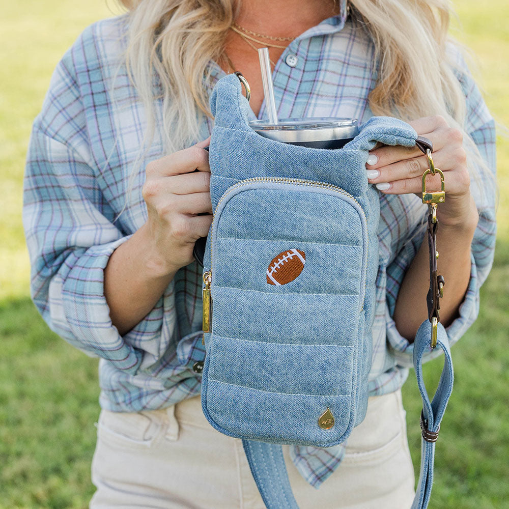 HydroBag® HANDLE™- Football Embroidery on Denim with Gold Hardware