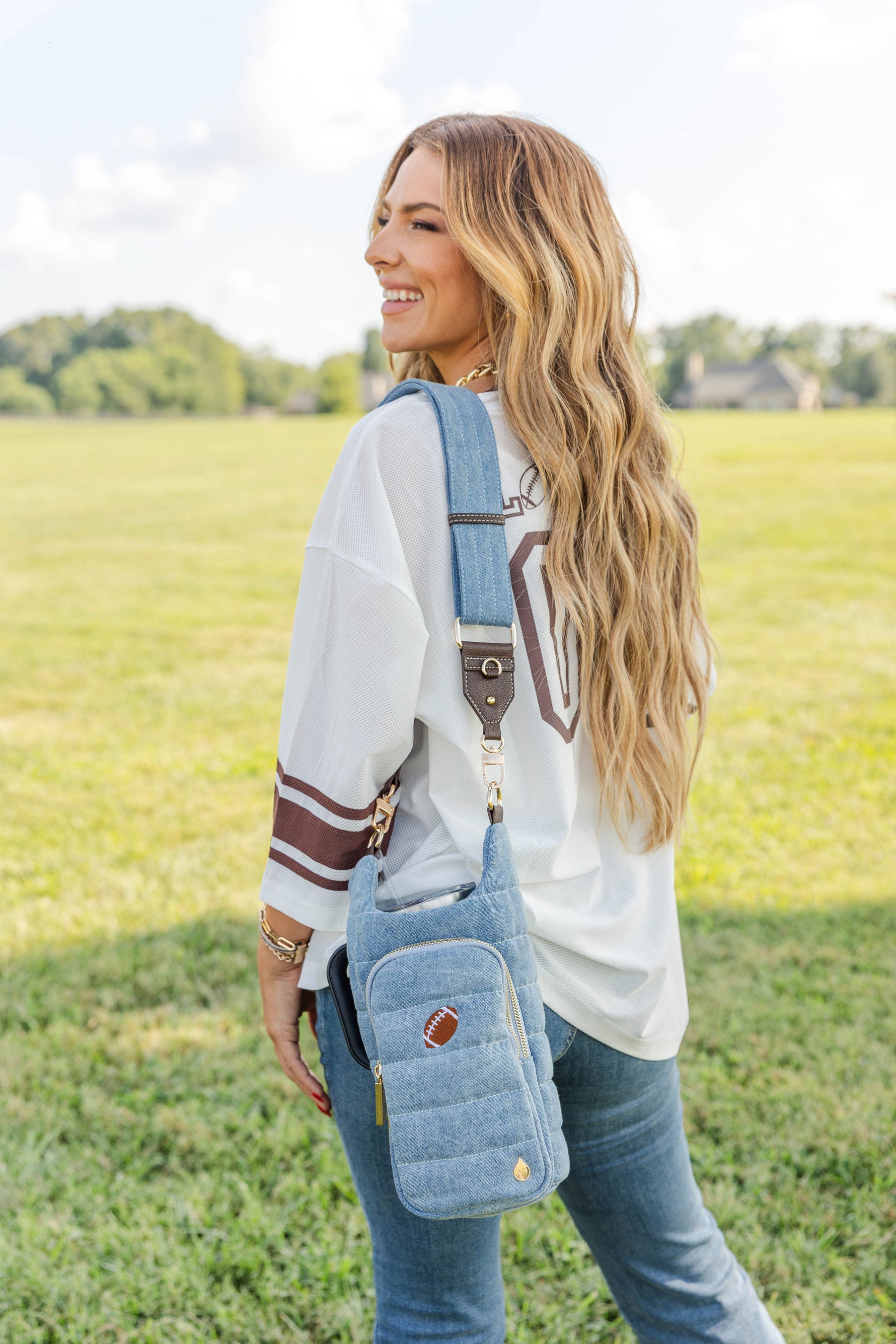 HydroBag® HANDLE™- Football Embroidery on Denim with Gold Hardware