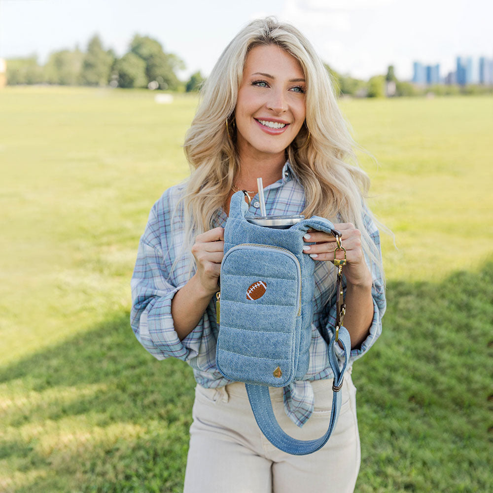HydroBag® HANDLE™- Football Embroidery on Denim with Gold Hardware