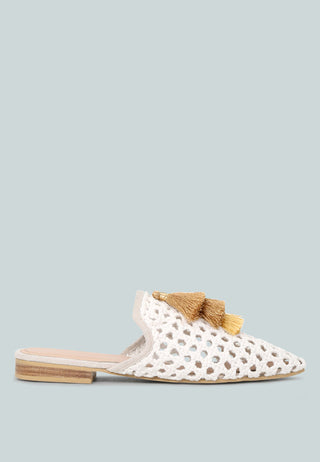 Miriam Woven Metallic Tassel Flat Mules