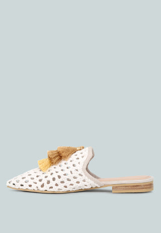 Miriam Woven Metallic Tassel Flat Mules