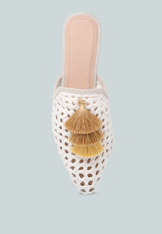 Miriam Woven Metallic Tassel Flat Mules