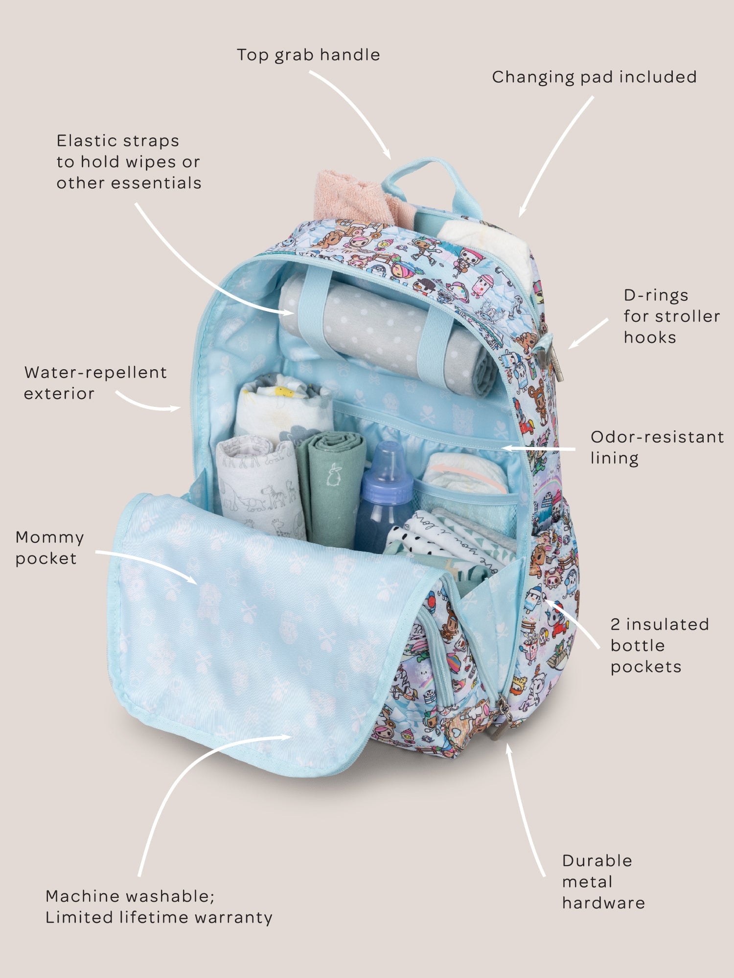 tokidoki Snow Day Zealous Backpack Diaper Bag — Ice Blue - By Baano