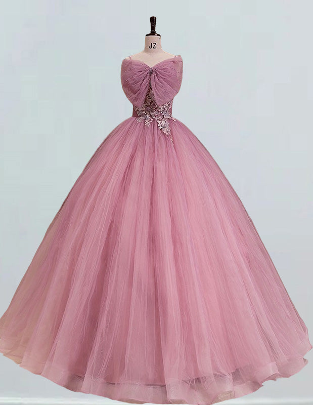Girls' Strapless Tulle Quinceanera Dress Beaded Lace Applique Ball Gown