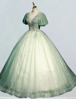 Green v neck short sleeve lace beaded long prom dress ball gown