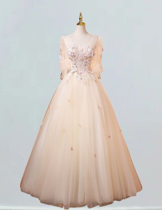 ChampagneTulle Wedding Ball Gown,Floral Lace Party Dress For Girls,Long sleeve princess party prom dress gown,Floor length Graduation Ball Dress