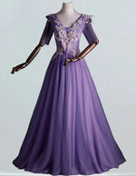 Elegant Purple V-Neck Tulle Prom Dress | Lace Applique Sleeves | Evening Gown